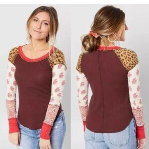 Free People Bright Side Thermal Top Maroon Red Leopard Mixed Media Small